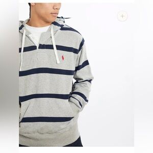 Vintage POLO RALPH LAUREN RUGBY Hooded Sz: XL Thermal 🔥  Grey & Blue Stripe
